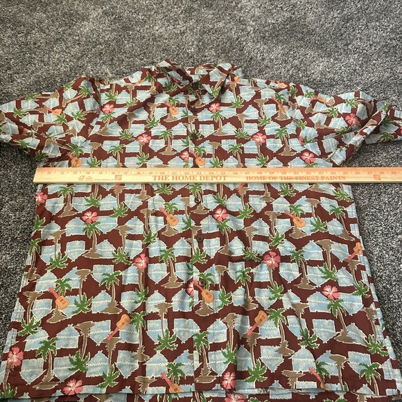Vtg Reyn Spooner Hawaiian Shirt Mens Large Brown Palm Tree Hut Guitar Hibiscus - Picture 8 of 14